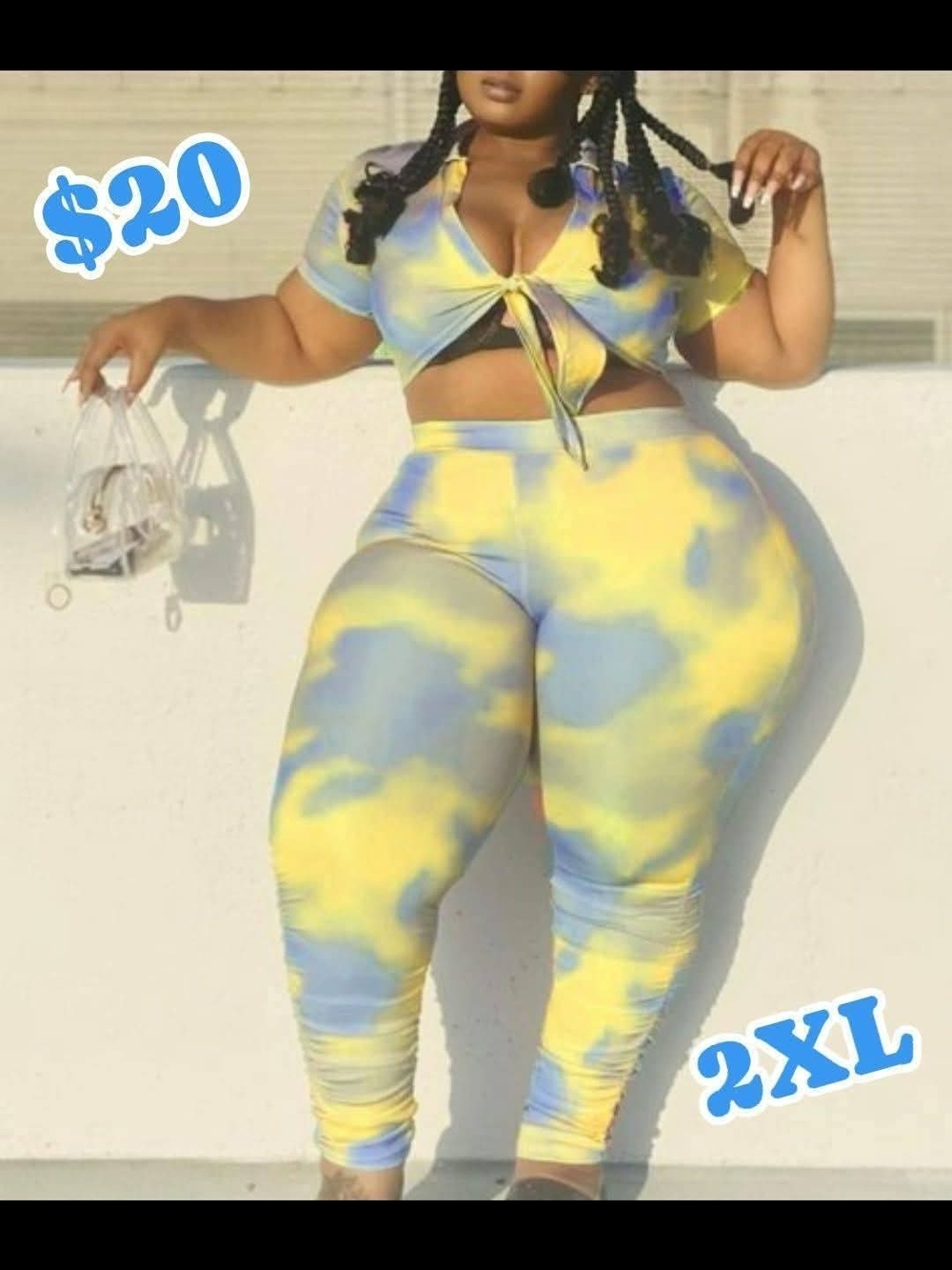 Tie-Front Crop Top & High-Waist Legging Set - Yellow & Light Blue Tie-Dye